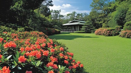 Obraz premium Serene Japanese Garden in Full Bloom with Vibrant Azaleas, Lush Greenery, and Tranquil Atmosphere Under Bright Blue Sky