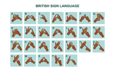 British sign language alphabet. Hands with dark skin tone show gestures.