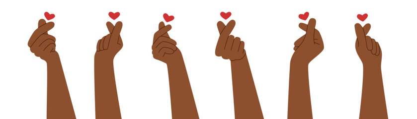 Set of human hands showing a sign heart, in flat style, isolated on a white background.