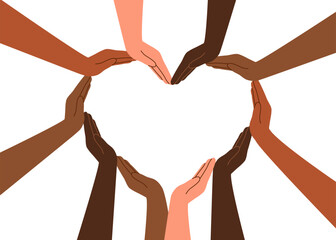 A heart from the hands of people of different skin tones. The concept of friendship, peace and equality, racial diversity, inclusivity.