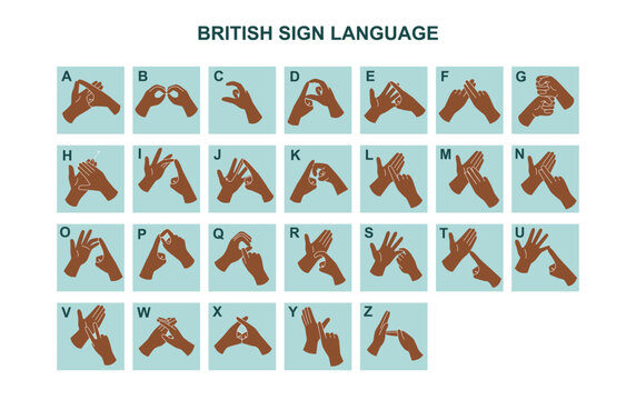 British sign language alphabet. Hands with dark skin tone show gestures.