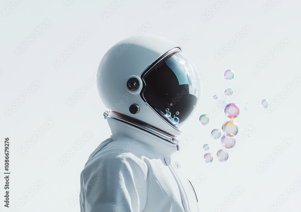 Aufkleber an astronaut in a white suit surrounded by colorful bubbles against a light background.
