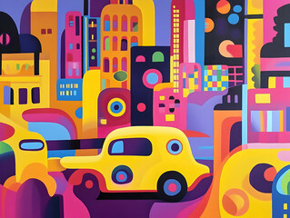 A vibrant, abstract cityscape featuring colorful buildings and a yellow car.
