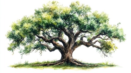 Watercolor illustration of an ancient tree with lush branches and leaves isolated on a white background