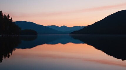 Tranquil landscape with calm waters reflecting pastel sunset hues. framed by lush forests and gentle mountains, it embodies naturebeauty, ideal for wellness and adventure themes.
