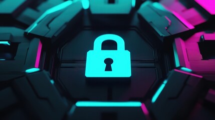 Vibrant blue and pink illuminated padlock icon against dark metallic background symbolizes security and digital protection, ideal for tech, cybersecurity, and datprivacy themes.