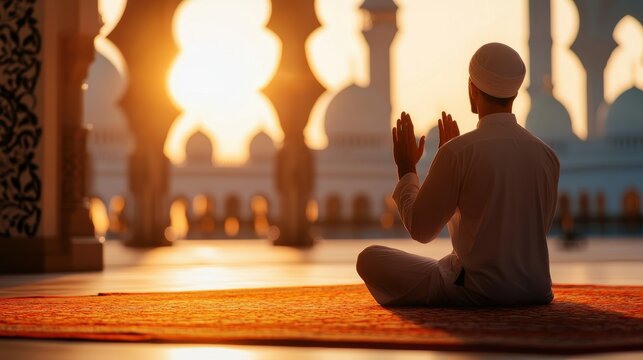 Tranquil scene of man in white outfit praying at sunset inside an ornate mosque. warm light filters through arches, creating shadows, embodying spirituality and cultural heritage.