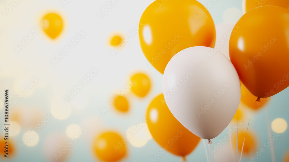Poster floating yellow and white balloons with soft bokeh background creating a festive and joyful atmosphe