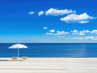 Fototapeta premium A Serene Beachscape: Lounge Chairs Under a White Umbrella, Inviting Relaxation - Generative AI