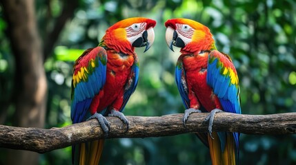 Two Scarlet Macaws Perched on a Branch
