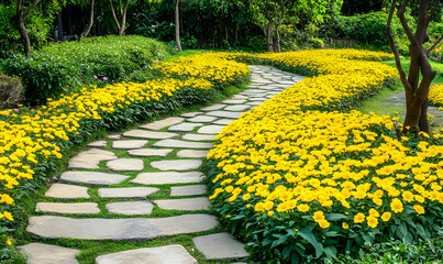 A winding stone path through a vibrant garden filled with yellow flowers.