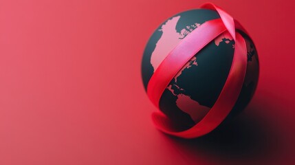 Vivid image of dark-toned globe wrapped in glossy red ribbon against smooth red background, symbolizing global awareness and unity for charitable causes.
