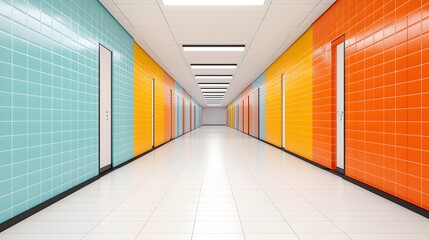 Vibrant corridor with colorful tiled walls and doors