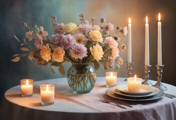 Candlelit Dinner Table with Pastel Floral Decor
