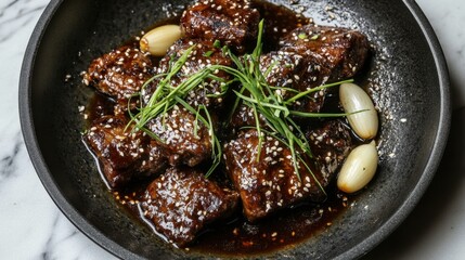 Juicy Tender Beef Pieces Glazed in Rich Savory Sauce Garnished with Green Onion and Sesame Seeds in Elegant Black Bowl on Marble Surface