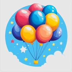 Naklejka premium Colorful Balloons Floating in a Blue Sky with Stars and Clouds, Perfect for Celebrations, Parties, and Joyful Moments in a Cheerful Cartoon Style