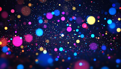 Neon dots and specks in varying sizes scattered across a dark surface, creating a cosmic starry night effect. Horizontal element for festive party, seminar talks, social media post 