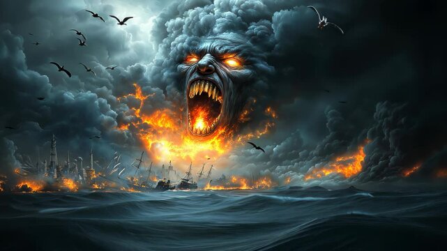 Massive demonic entity materializing in storm clouds over industrial harbor. Glowing orange eyes and flames contrast against dark thunderclouds. City lights reflect off choppy waters below. 