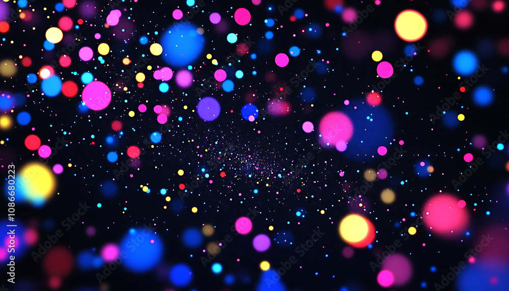 Poster neon dots and specks in varying sizes scattered across a dark surface, creating a cosmic starry nigh
