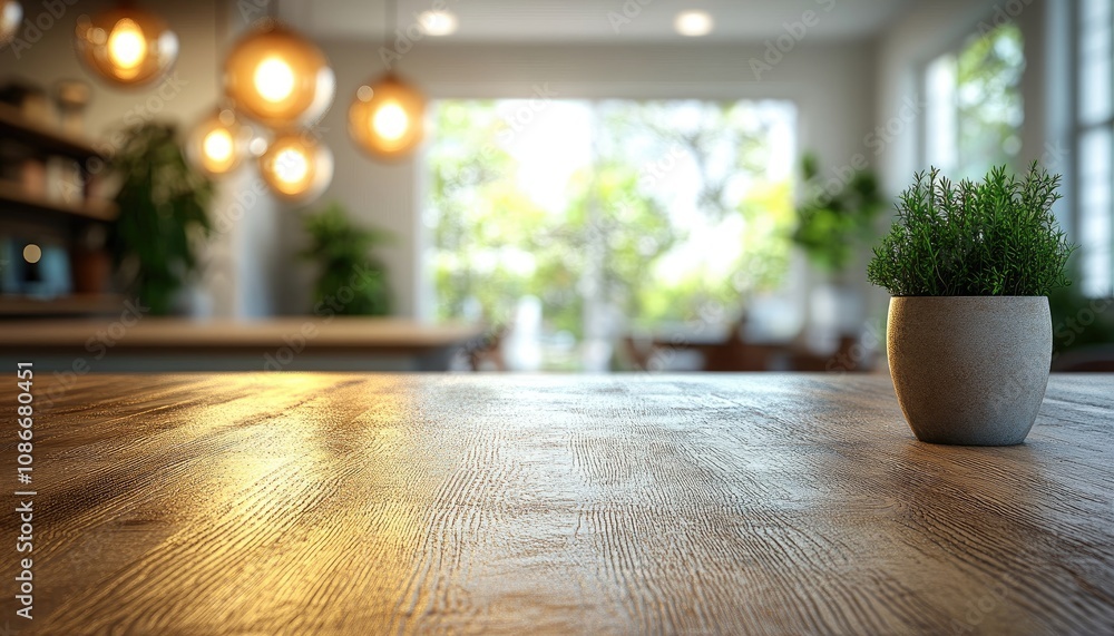 Poster empty wooden table with a plant in the background. ideal for showcasing products or creating a mock-