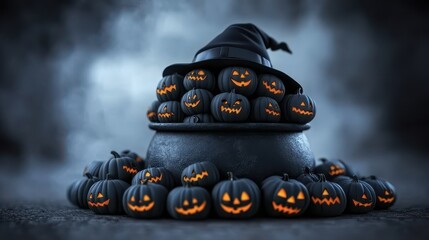 Whimsical stack of black pumpkins with glowing jack-o'-lantern faces sits atop cauldron, crowned with witch hat, creating playful yet spooky halloween atmosphere.