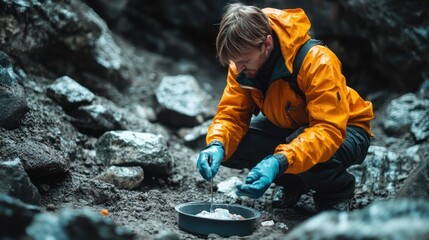 Man in Yellow Jacket Collecting Samples in Rocky Terrain