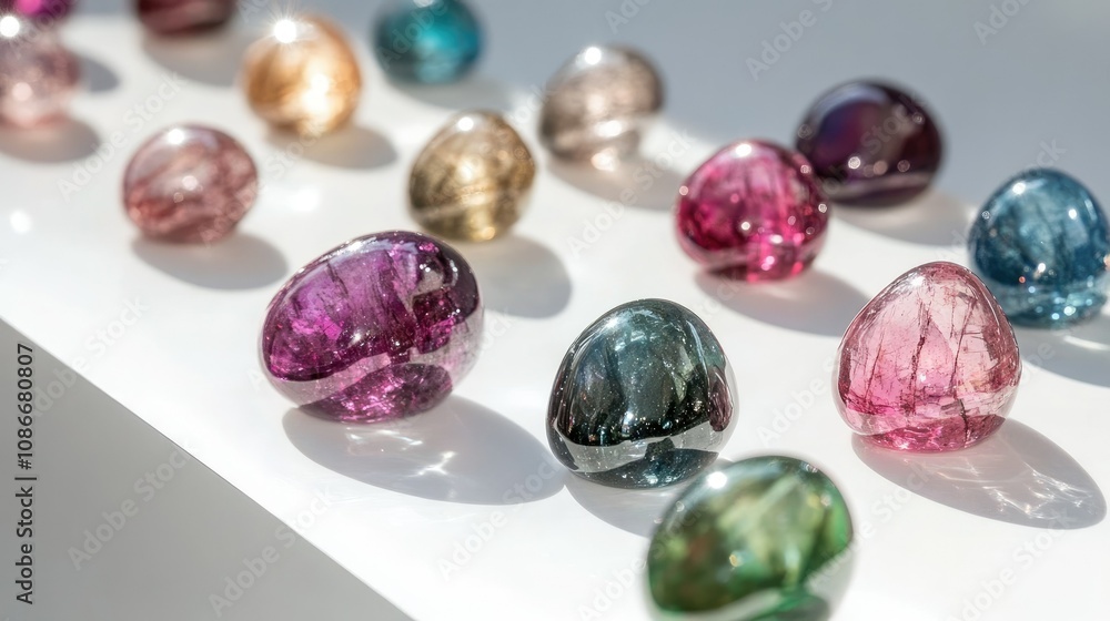 Poster collection of colorful decorative stones showcasing unique patterns and translucent qualities on a b