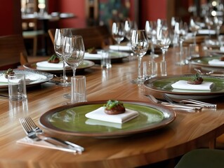 Fototapeta premium A Beautifully Set Table at a Modern Restaurant, Ready for a Fine Dining Experience - Generative AI