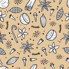 Seamless pattern of Winter spices. Christmas ingredients on beige background. Hand drawn illustration of aroma spices. Wallpaper with cloves, nutmeg, cardamom, cinnamon, star anise and vanilla.