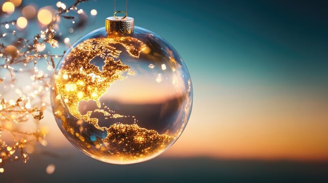Glowing glass bauble ornament with globe design showcasing intricate land details, ideal for holiday decorations and festive web visuals.