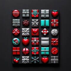 Fototapeta premium Square arrangement of small, festive icons on Black background in Cherry Red, Silver, and Ice Blue with Soft Black shadows and Cool Gray emboss