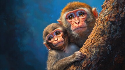 Intimate portrait of a toque macaque mother and her baby, delicately perched on a tree branch, both gazing thoughtfully to the side against a serene backdrop.