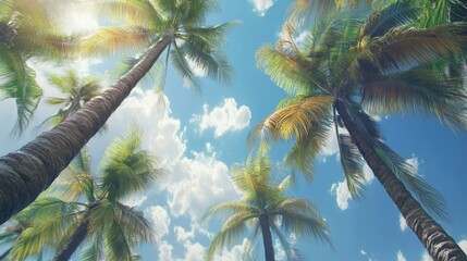 Fototapeta premium Coconut trees reaching towards a bright blue sky dotted with fluffy white clouds, embodying the relaxing spirit of summer days.