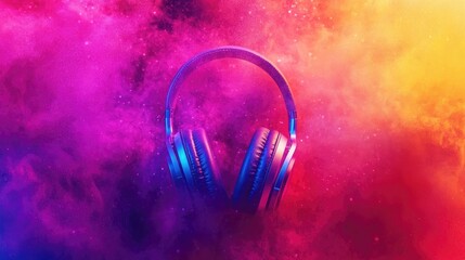Vibrant abstract banner featuring stylish headphones set against a colorful dust background, celebrating the joy of music and musical instruments.