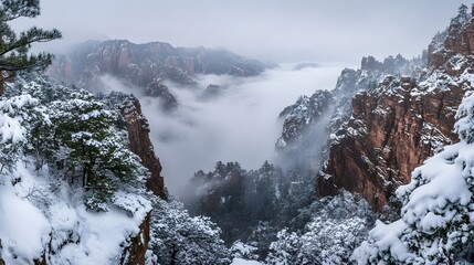  In the early morning, there is fog on top of snow-capped mountains
