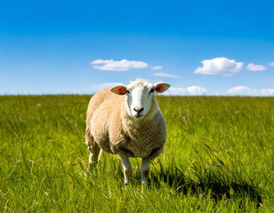 Obraz premium Single Sheep on a large grass Field with beautiful blue sky background. 