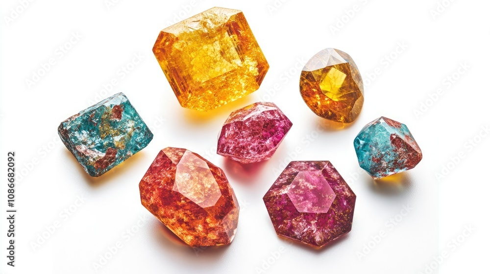 Poster a collection of brilliantly colored crystals with unique geometric shapes displaying various reflect