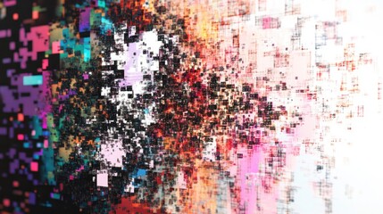 Pixelated abstraction illustrating dynamic disintegration, symbolizing decentralized computing through colorful fragmented networks.