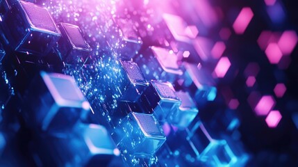 Obraz premium Futuristic abstract design showcasing intricate hexagonal shapes in vibrant blue and purple hues, ideal for technology and innovation themes.