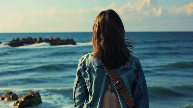 woman standing by the sea, alone, young female travel for recreation and relax lonely on summer, travel, vacation, worried, problem, nature, landscape, leave of work, vacation day