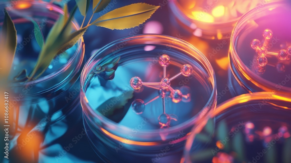 Poster colorful petri dishes with molecular structures and fresh green leaves displaying the intersection o