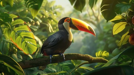 A large-beaked black bird perches on a tree branch, surrounded by lush, dense foliage. Its striking appearance contrasts against the vibrant greenery, adding a bold presence to the rich vegetation.