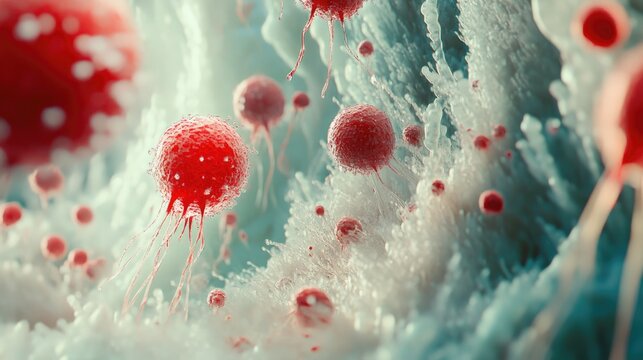 Red blood cells actively engaging and eliminating viral pathogens amidst a textured, vibrant cellular landscape.