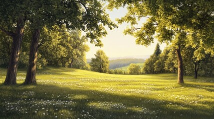 Fototapeta premium Tranquil meadow bathed in sunlight with lush trees and wildflowers, capturing the serene essence of natural beauty and peaceful solitude.
