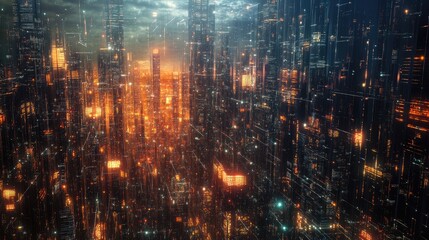 Futuristic smart city skyline illuminated with digital connectivity overlay, depicting wireless communication and Internet of Things integration in urban environment, technology keywords