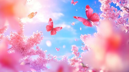 Dreamy spring scene of pink cherry blossoms and fluttering butterflies against a bright blue sky, featuring ample soft focus for artistic designs.