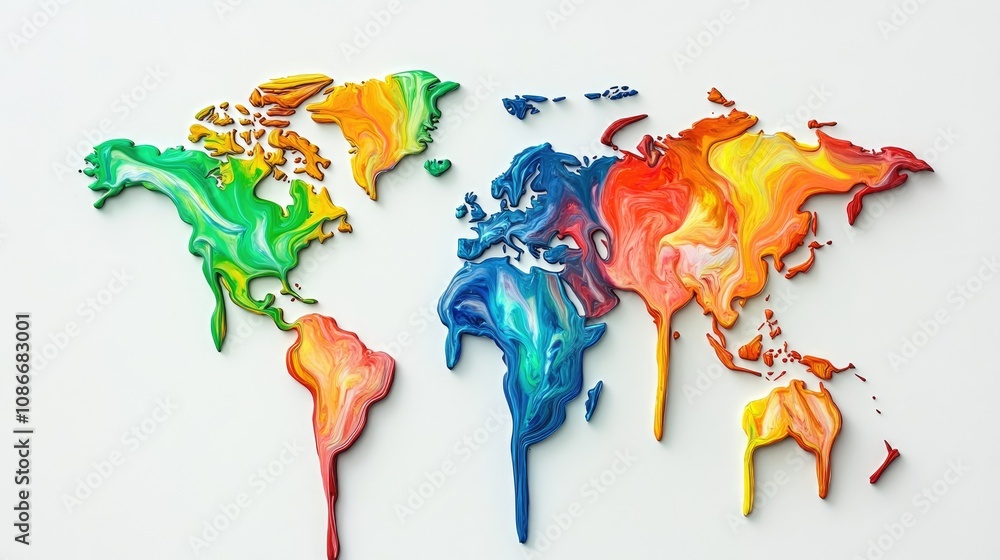 Poster colorful abstract representation of the world map created with vibrant swirls and melting paint, sym