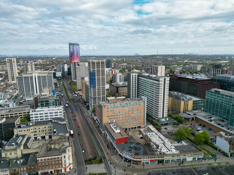 Buildings at West Croydon London Capital City Tour. Central London of England of UK. Aerial Footage Was Captured with Drone's Camera on April 24th, 2024