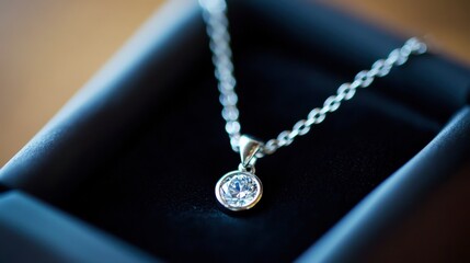 Fototapeta premium Elegant Silver Necklace with a Sparkling Pendant in a Black Velvet Box Perfect for Gift-Giving on Special Occasions Such as Birthdays and Anniversaries