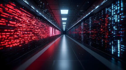 Futuristic data center corridor with glowing lights